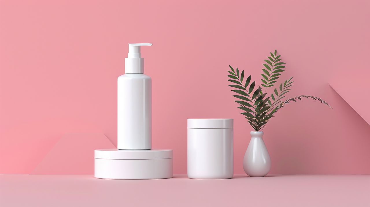 Services White cosmetic containers and small vase on a pink background showcasing modern design and simplicity.